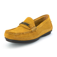 A single mustard yellow suede loafer slip-on shoe with a black decorative strap featuring the brand name 'Omega' in white, set against a plain white background.