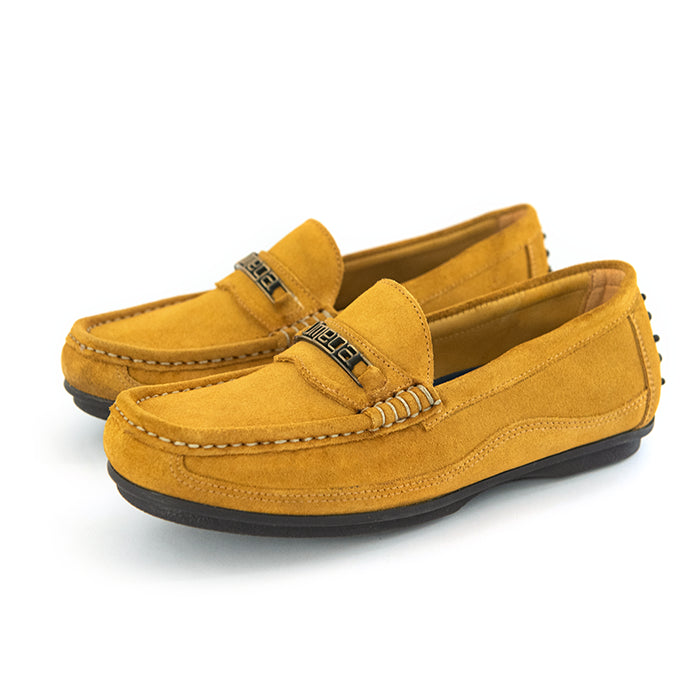 A pair of men's yellow suede penny loafers with black soles and a decorative strap featuring the brand name 'Omega' in metallic lettering, displayed on a clean white background.