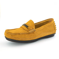 A single mustard yellow suede loafer slip-on shoe with a black sole, decorative stitching, and a small black brand tag on the vamp, shown against a plain white background.