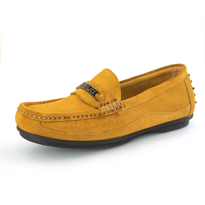 A single mustard yellow suede loafer slip-on shoe with a black sole, decorative stitching, and a small black brand tag on the vamp, shown against a plain white background.