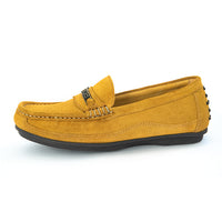 A single mustard yellow suede loafer with gold-tone metal logo and a black sole, shown from a side profile on a white background.