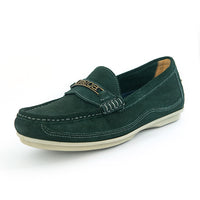 A dark green suede slip-on loafer with a decorative strap featuring the brand name 'Omega' in gold lettering, set against a plain white background.